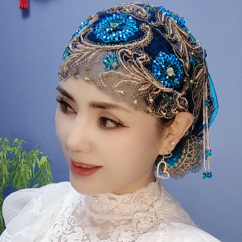 流苏帽子女包头帽鱼尾帽蕾丝时尚纱巾盖头巾帽遮发帽纯手工串珠帽