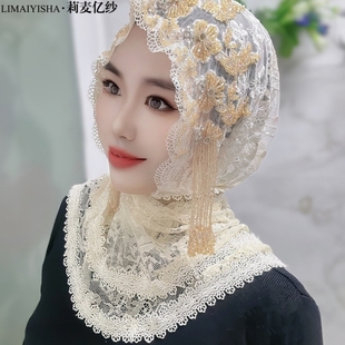 披肩帽子款头巾帽盖头女遮发包头帽新款头套时尚纱巾蕾丝流苏帽子