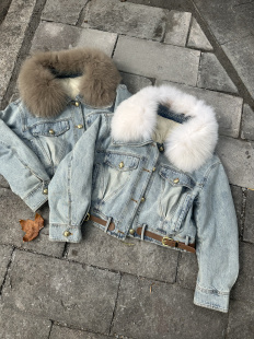 2024冬季真狐狸毛领牛仔拼接白鸭绒派克服皮草外套女短款羽绒大衣