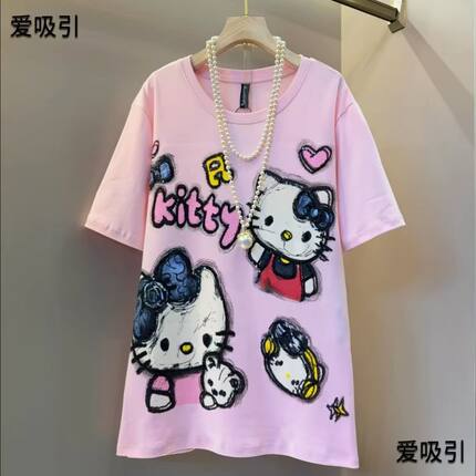 时尚大码重工亮片涂鸦kt猫咪可爱减龄卡通印花宽松圆领短袖T恤女
