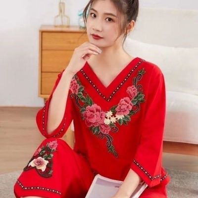 睡衣民族风家大码居服女大红色纯棉棉线高档本命年刺绣长绒新疆棉