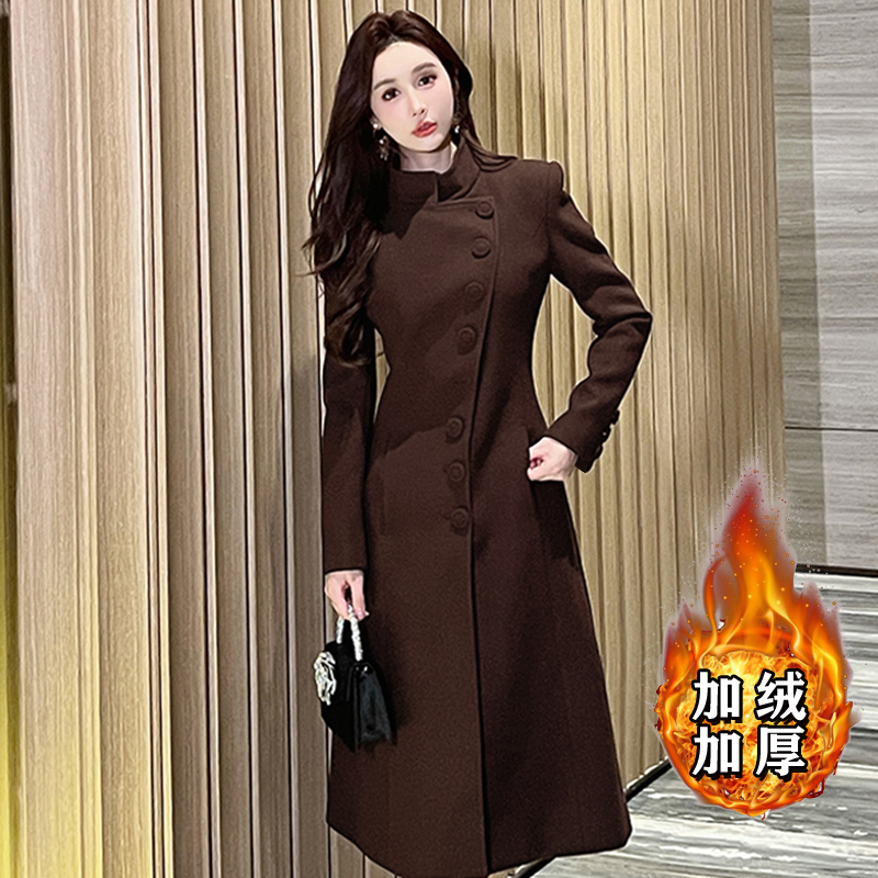 加绒加厚赫本风气质时尚中长款风衣2024修身名媛收腰连衣裙2769