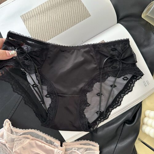 新款法式奢华缎面蕾丝内裤女性感少女士三角裤中低腰蝴蝶结甜美
