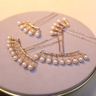 宋制小清新简约发饰复古珍珠排簪宫廷古典扇子发梳仿真合金头饰