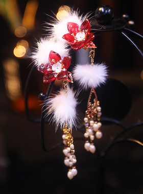 红色古风汉服儿童毛球流苏发夹超仙可爱配饰步摇冬季仙气发饰步摇