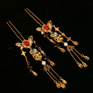 新中式古风发饰簪花秀禾仕女图新款秀禾服发簪配饰汉服金色头饰