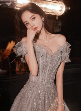 出租灰色晚礼服裙女新款一字肩年会主持人宴会气质生日艺考连衣裙