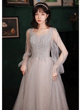 出租晚礼服女新秋冬长袖灰色宴会年会主持人长款礼服声乐艺考演出