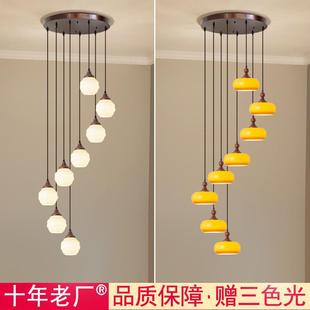 楼楼梯吊灯木艺长线客厅挑高楼梯间大吊灯 中古风别墅复式 新款 中式