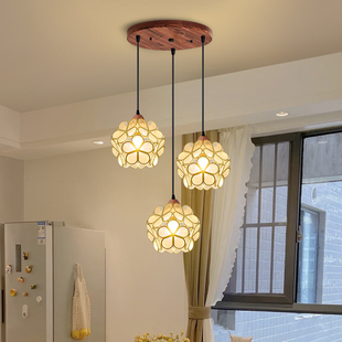 中古风玻璃花餐厅吊灯三头原红木色经典 简约单头阳台玄关走廊吊灯
