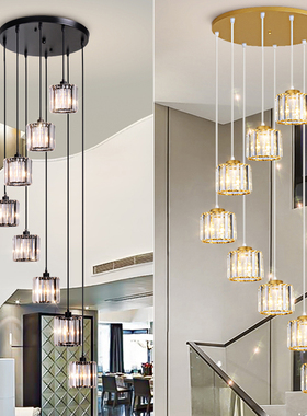 楼梯长吊灯现代简约复式楼梯间水晶美式轻奢别墅高层旋转Loft灯具