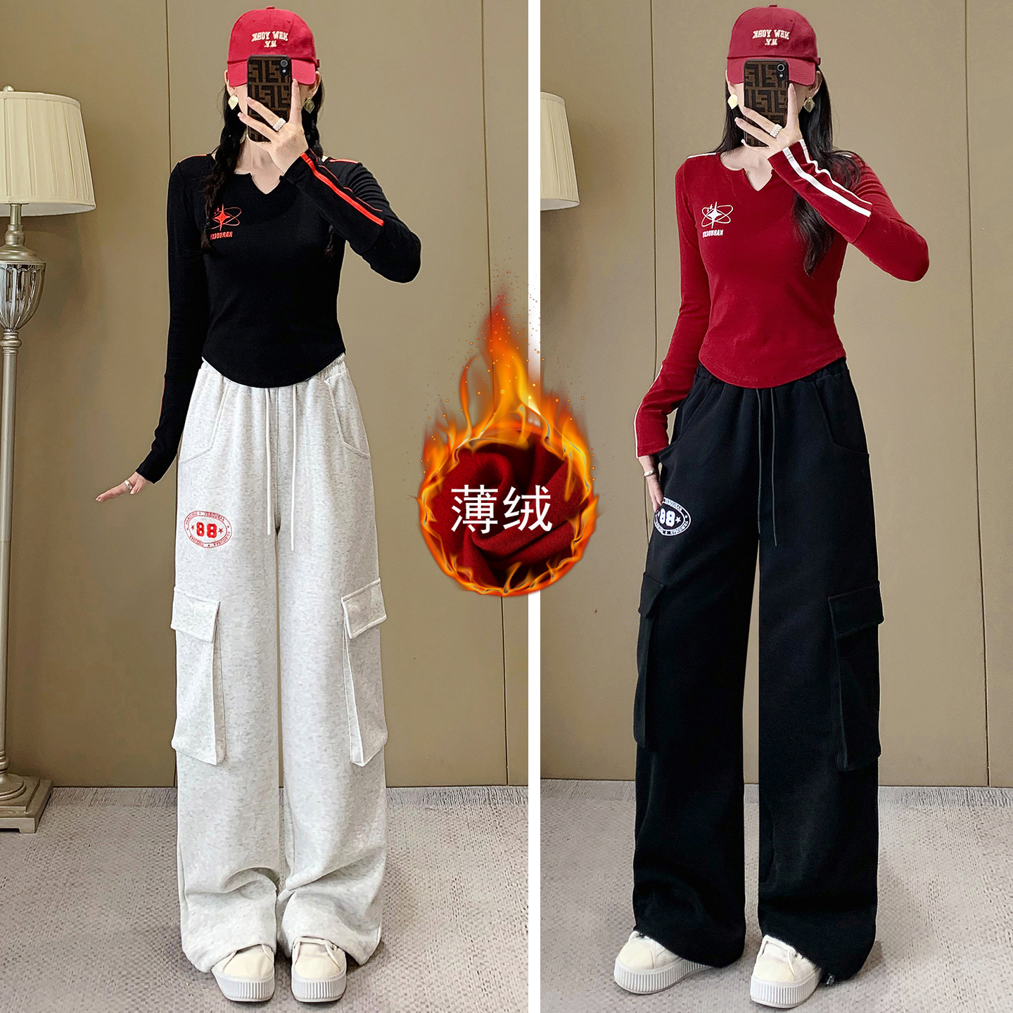 2025秋冬季新款休闲运动套装女装薄绒杠条T恤衫搭配工装裤两件套