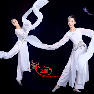 女长袖 舞蹈服古典舞演出服水墨舞表演服飘逸民族舞台装 白 水袖 新款