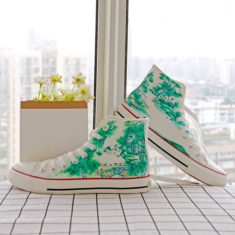 高帮帆布鞋女手绘国风青绿山水平底古风国画系带个性加绒板鞋男潮