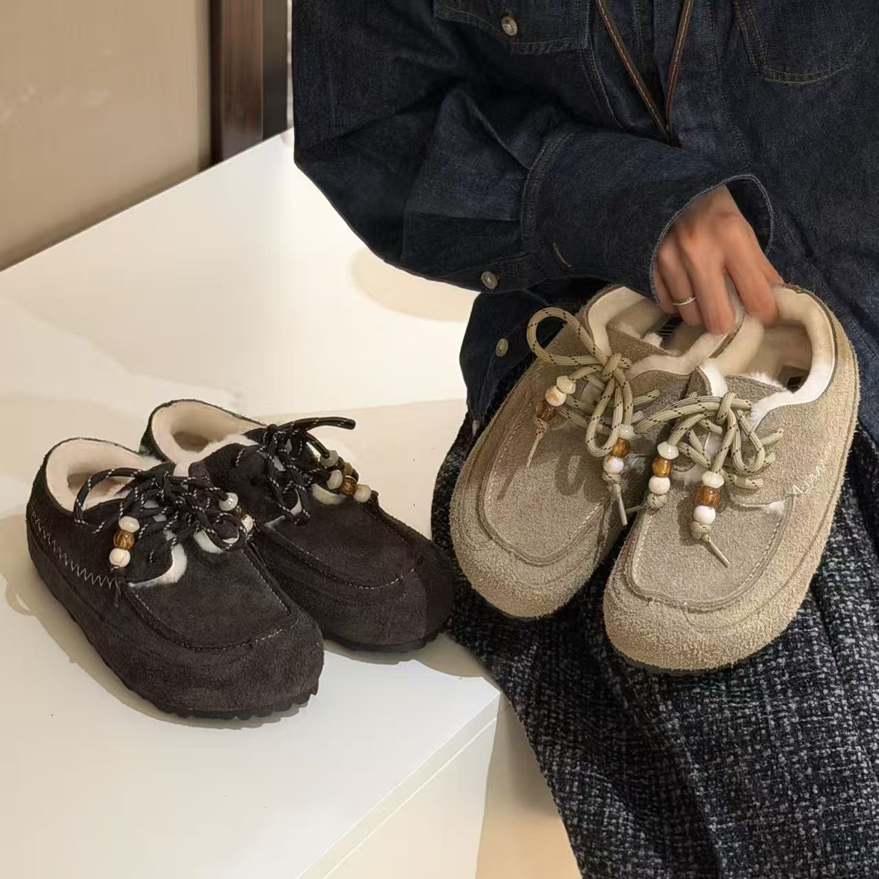 H55女鞋北欧牧歌2025冬季新款百搭系带加绒休闲复古袋鼠博肯鞋