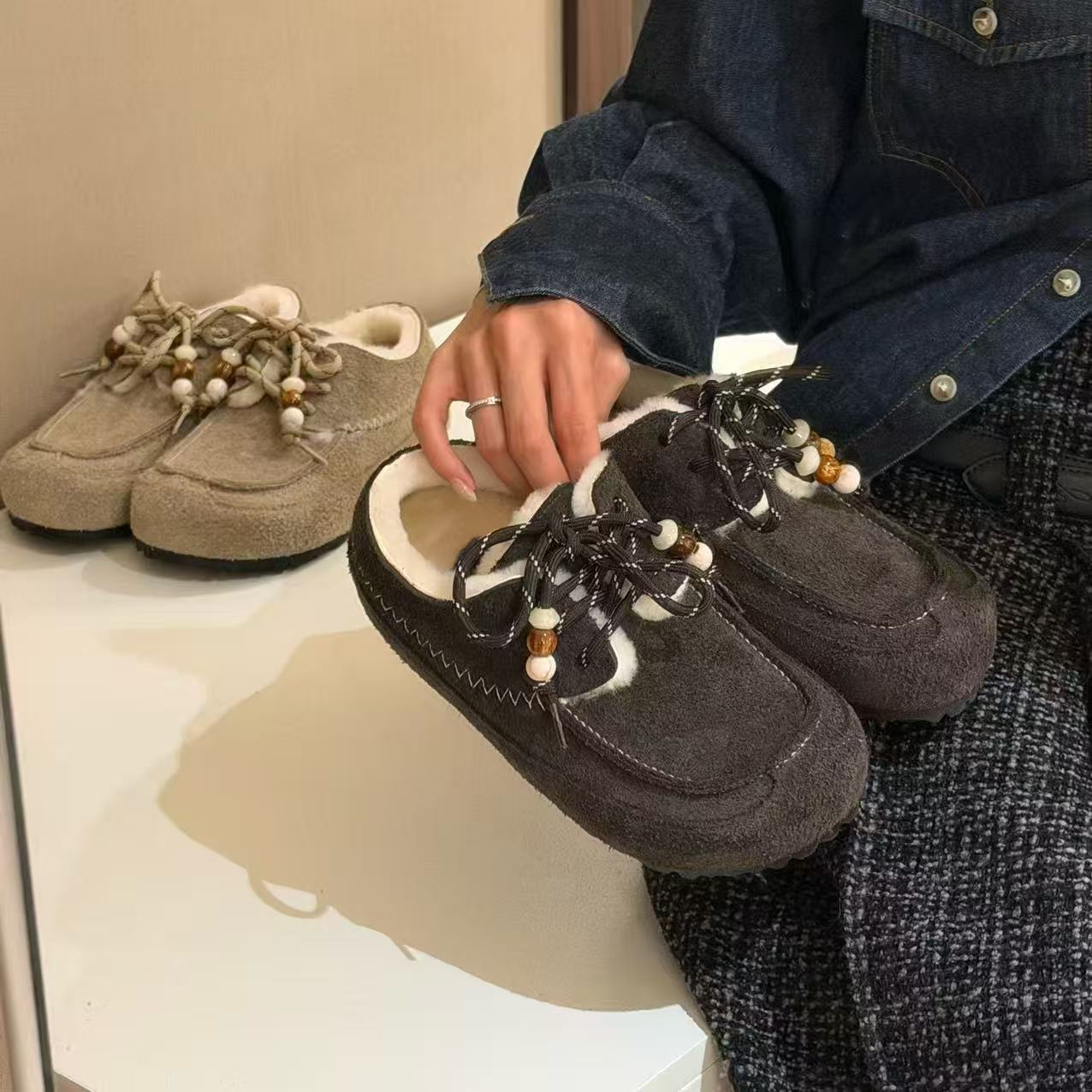 H55女鞋北欧牧歌2025冬季新款百搭系带加绒休闲复古袋鼠博肯鞋