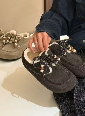 H55女鞋北欧牧歌2025冬季新款百搭系带加绒休闲复古袋鼠博肯鞋