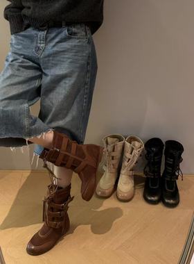 H55女鞋高地猎装2025冬季新款小众加绒中筒休闲皮带扣拳击猎鸭靴