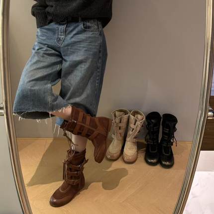 H55女鞋高地猎装2025冬季新款小众加绒中筒休闲皮带扣拳击猎鸭靴