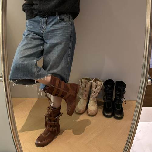 H55女鞋高地猎装2025冬季新款小众加绒中筒休闲皮带扣拳击猎鸭靴