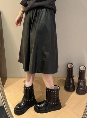 H55女鞋玫瑰世纪2025冬季新款加棉朋克风百搭短靴铆钉皮面雪地靴