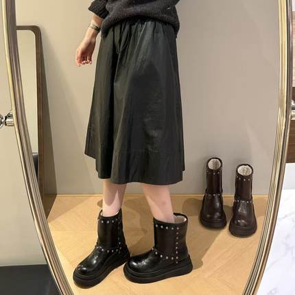 H55女鞋玫瑰世纪2025冬季新款加棉朋克风百搭短靴铆钉皮面雪地靴