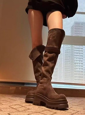 H55女鞋腿精王牌新款高筒皮带扣厚底百搭英伦增高8cm显瘦过膝靴