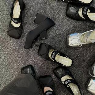 拖鞋 H55女鞋 苹果头复古粗跟包头拖玛丽珍鞋 新款 辛德瑞拉2026春季