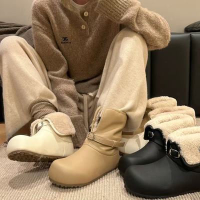 H55女鞋小熊领结2025冬季新款皮面两穿加绒棉里防滑保暖雪地靴