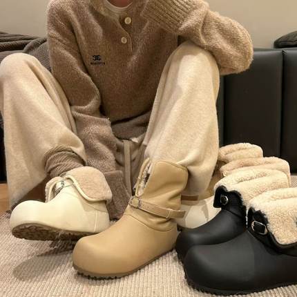 H55女鞋小熊领结2025冬季新款皮面两穿加绒棉里防滑保暖雪地靴