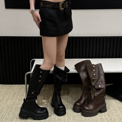H55女鞋巴尔曼2025新款英伦厚底高筒百搭复古长筒靴腿精长靴8cm