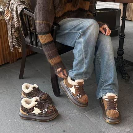 H55女鞋美貌野心家2025冬季新款厚底加绒美式复古百搭贝壳休闲鞋