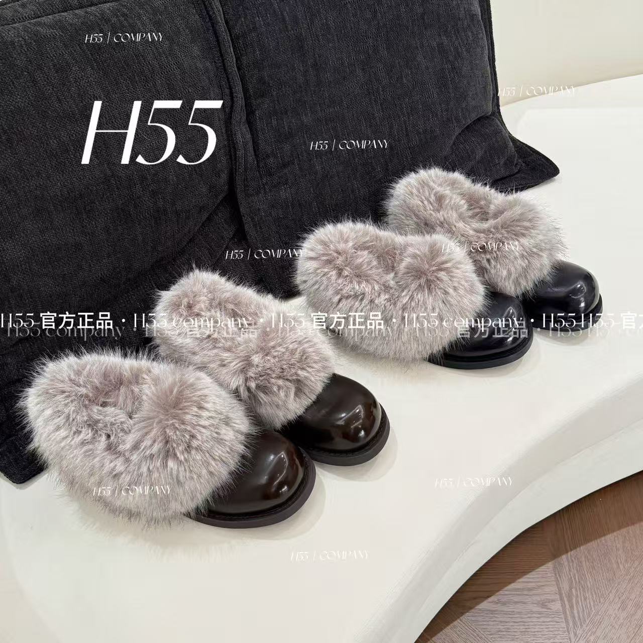 H55女鞋华沙夜曲2025冬季新款复古深口英伦粗跟法式圆头毛毛鞋