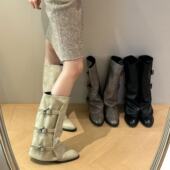 雅典娜2025冬季 新款 休闲套筒百搭显瘦中筒尖头裤 H55女鞋 管靴版