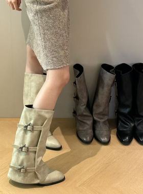 H55女鞋雅典娜2025冬季新款休闲套筒百搭显瘦中筒尖头裤管靴版
