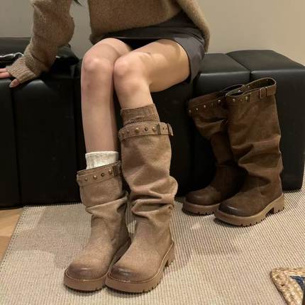 H55女鞋千金玛德琳2025新款高筒/低筒古铜帕带百搭做旧秋日皱皱靴