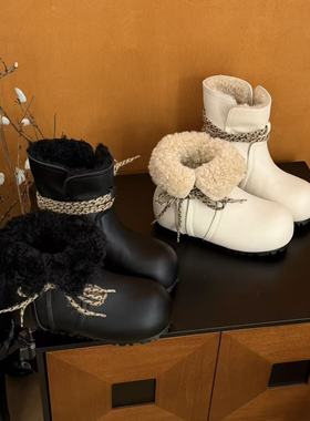 H55女鞋费尔岛小面包2025冬季新款极简游牧百搭两穿皮面雪地靴