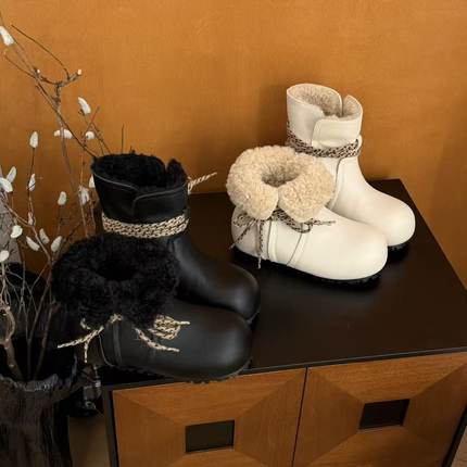 H55女鞋费尔岛小面包2025冬季新款极简游牧百搭两穿皮面雪地靴