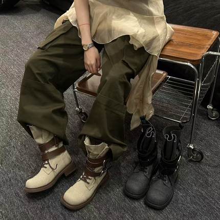 H55女鞋沙漏角落西部工装靴（牛仔版本）4cm绑带皮扣2025早秋新款