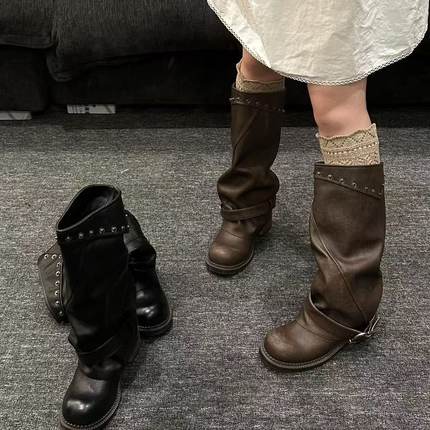 H55女鞋迷人反派2025新款中古骑士复古风长靴铆钉百搭显瘦裤管靴