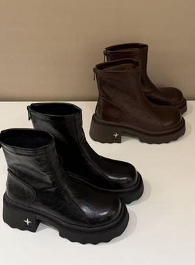 H55女鞋黑桃骑士2025冬季新款时尚百搭短靴厚底增高手抓纹瘦瘦靴