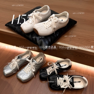 H55女鞋 ins風(fēng) 4cm休閑百搭方頭白鞋 時光線條極簡荔枝紋平底德訓(xùn)鞋