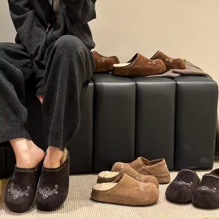 H55女鞋梧桐影木2025新款头层牛皮羊羔毛加绒厚底休闲半拖博肯鞋