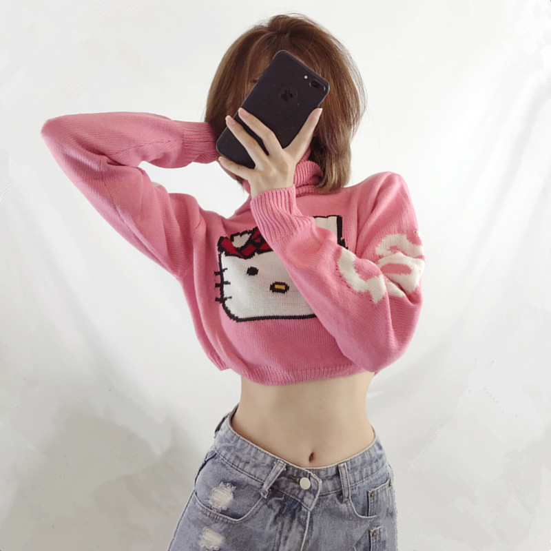 春秋宽松粉色毛衣春韩版高领针织衫卡通猫咪字母印花Kitty猫上衣
