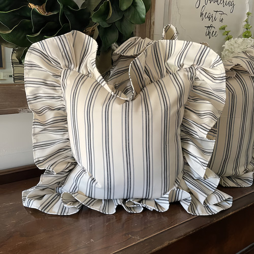 条纹原创抱枕法式乡村美学复古沙发靠垫套水洗棉腰靠枕含芯荷叶边