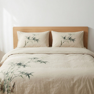 竹影古风古韵三四件套床品被套水洗棉床单床笠中式 设计卧室素色软