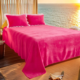珊瑚绒玫红色床单加厚法莱兰牛奶绒三件套盖毯防静电被单床裙单件
