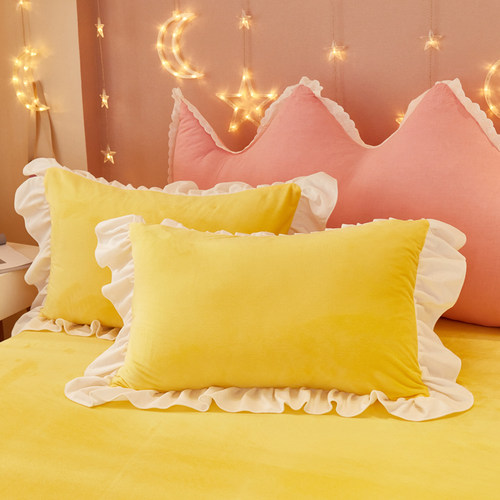 柠檬黄纯色简约公主风韩版花边枕套双面绒牛奶水晶绒枕头套一对装