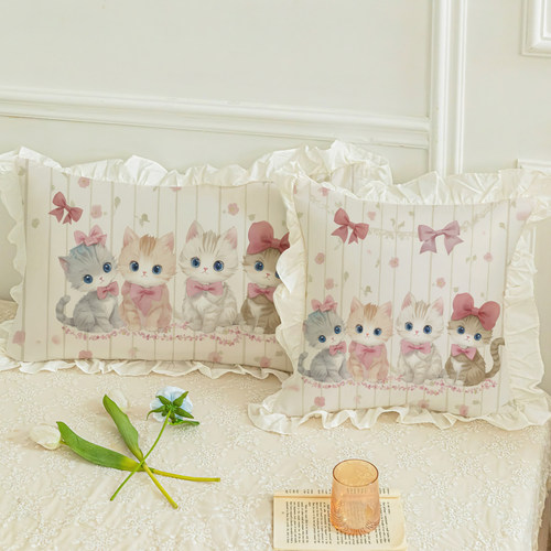 萌宠猫咪少女心水洗棉枕套一对装