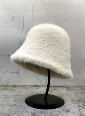 毛毛帽子兔毛绒渔夫帽春秋冬季盆帽女柔光小清新百搭优雅白色